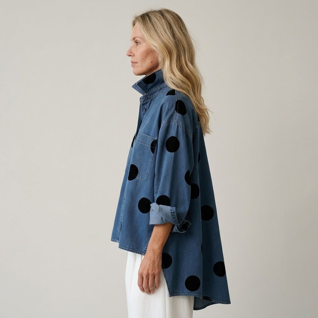 Women's Polka Dot Overshirt — Oversized Denim Shacket with Pockets