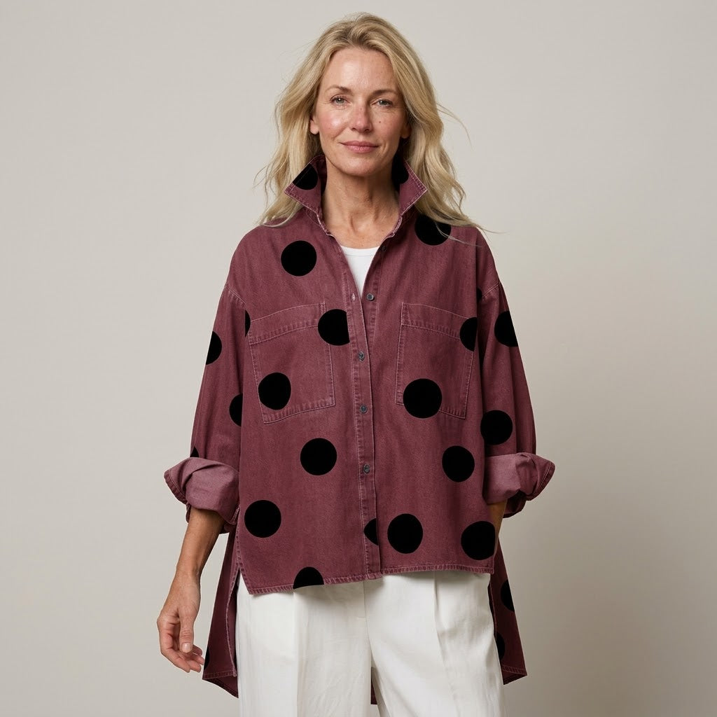 Women's Polka Dot Overshirt — Oversized Denim Shacket with Pockets