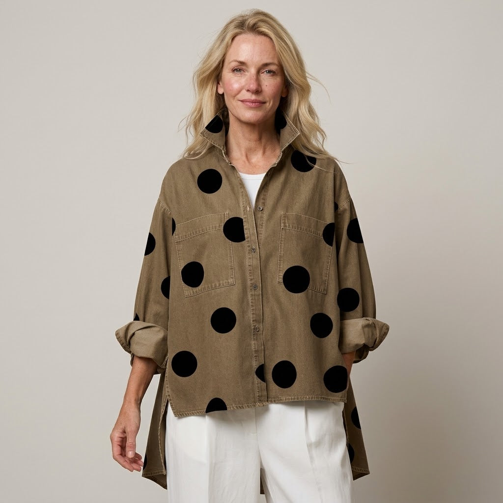 Women's Polka Dot Overshirt — Oversized Denim Shacket with Pockets