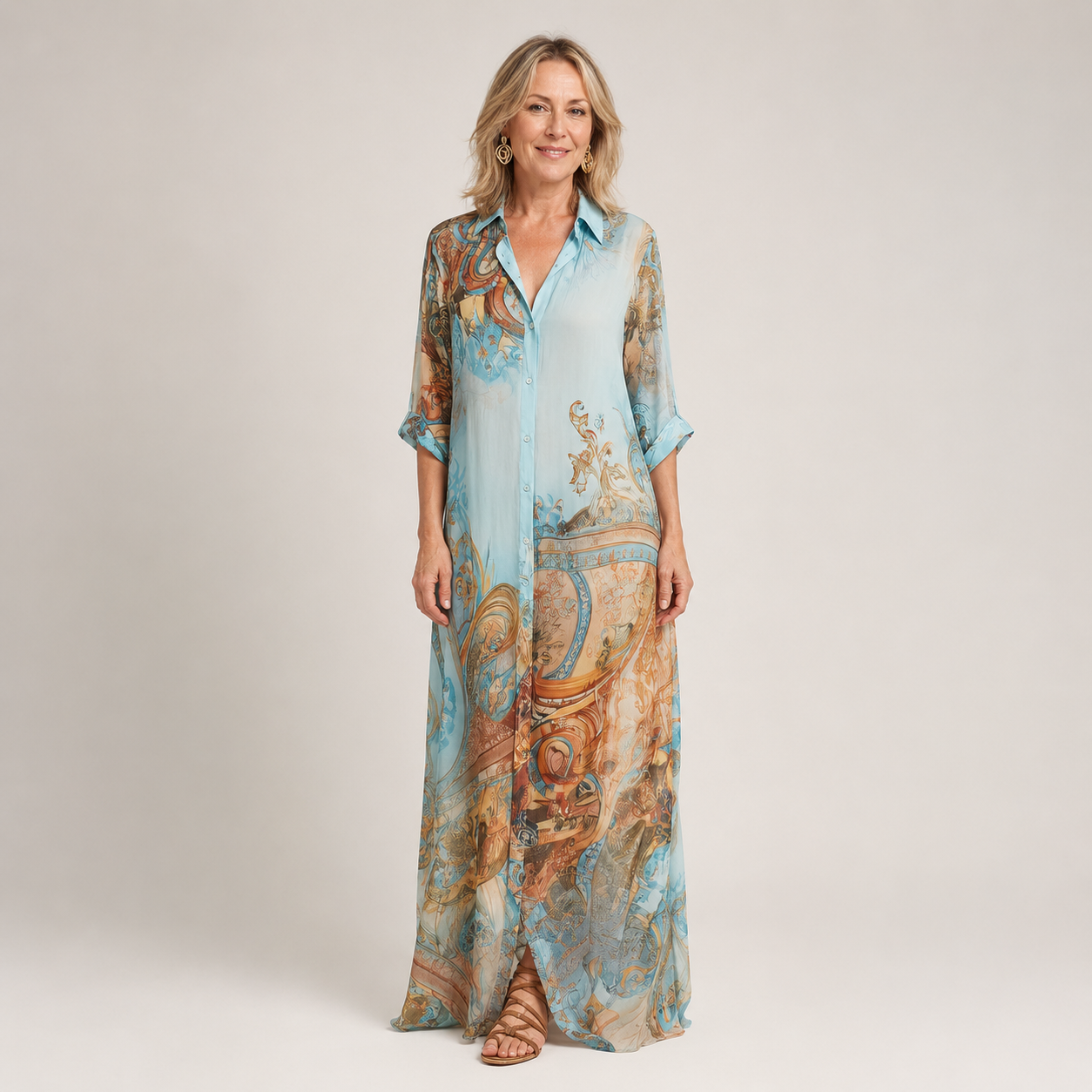 Clara Printed Maxi Shirt Dress — Women's Long Sleeve Button Down Dress