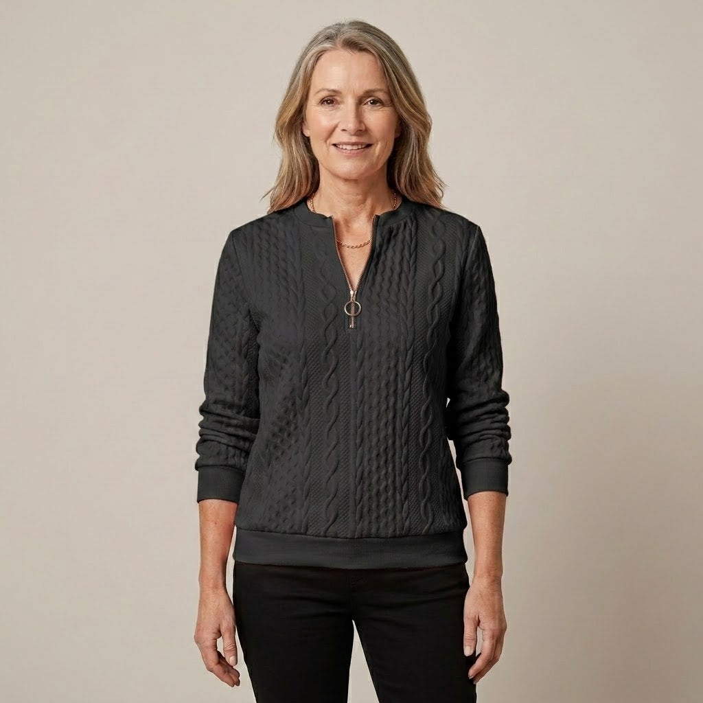 Women's Pink Quarter Zip Jumper — Cable Knit Stand Collar Long Sleeve Top