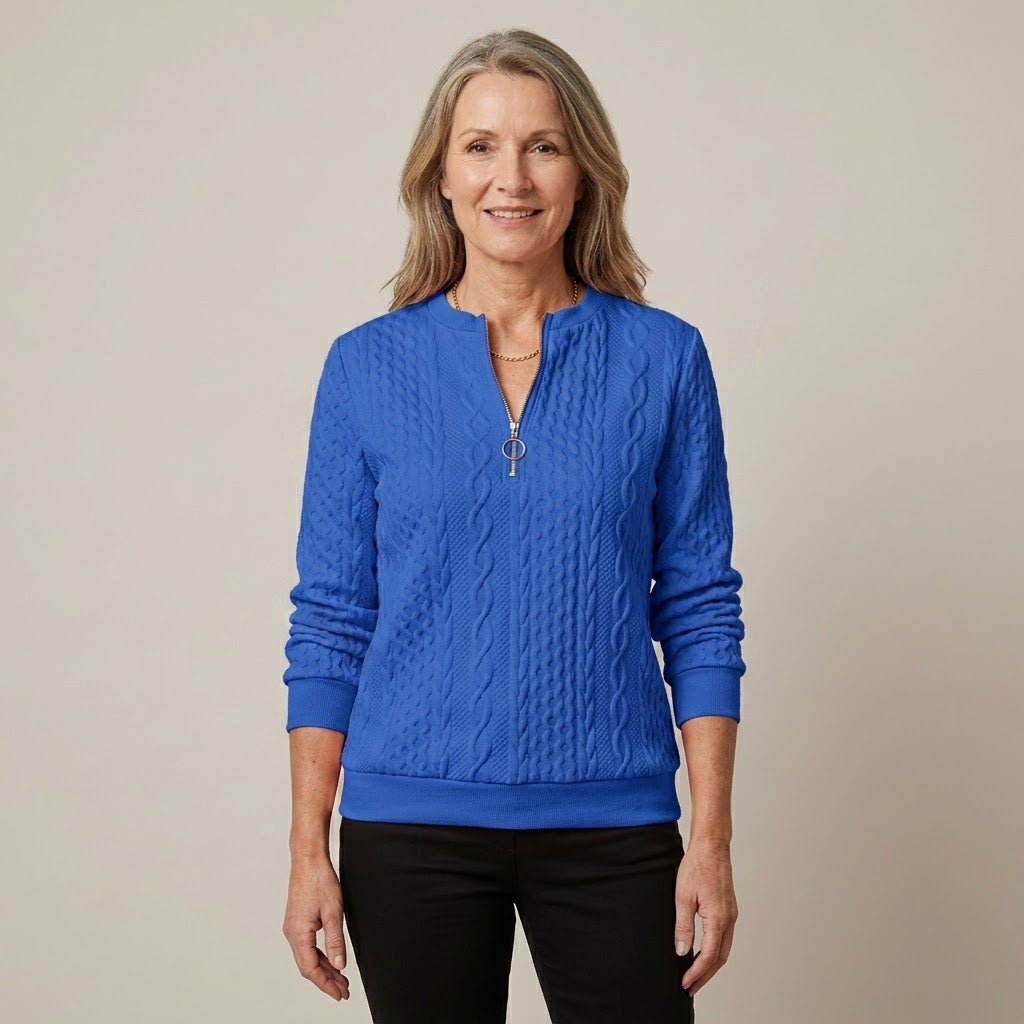 Women's Pink Quarter Zip Jumper — Cable Knit Stand Collar Long Sleeve Top