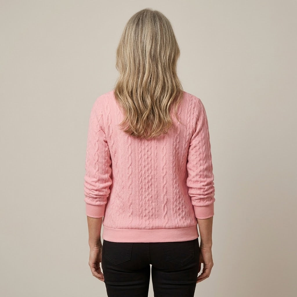 Women's Pink Quarter Zip Jumper — Cable Knit Stand Collar Long Sleeve Top