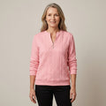 Women's Pink Quarter Zip Jumper — Cable Knit Stand Collar Long Sleeve Top
