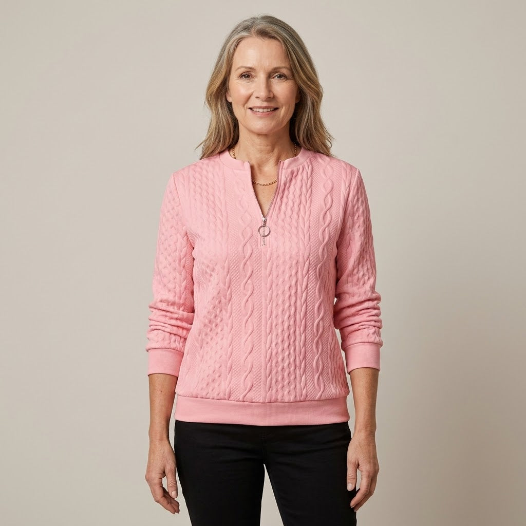 Women's Pink Quarter Zip Jumper — Cable Knit Stand Collar Long Sleeve Top