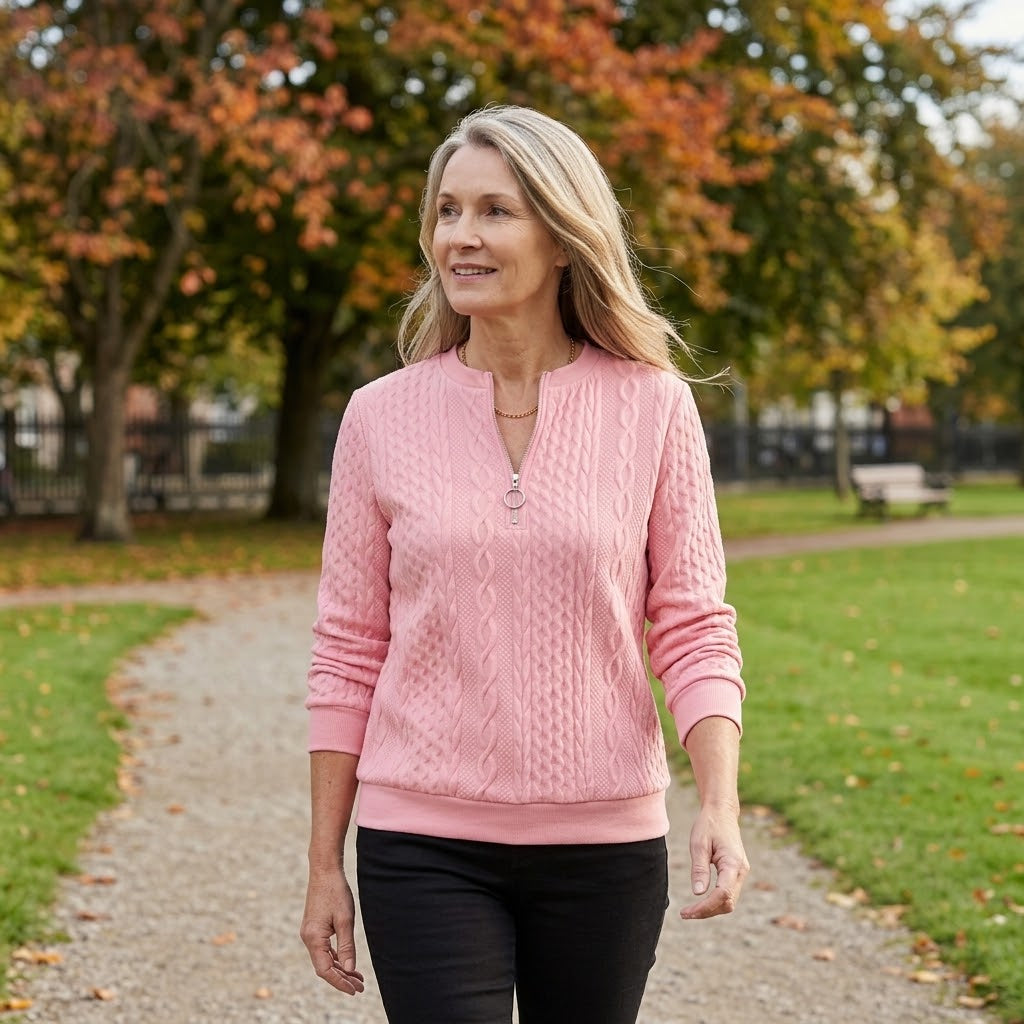 Women's Pink Quarter Zip Jumper — Cable Knit Stand Collar Long Sleeve Top