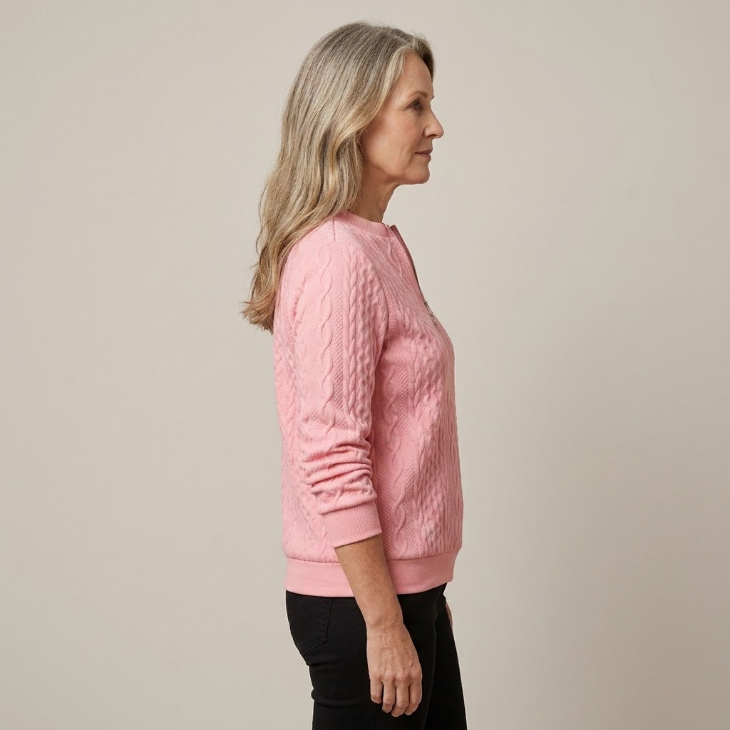 Women's Pink Quarter Zip Jumper — Cable Knit Stand Collar Long Sleeve Top