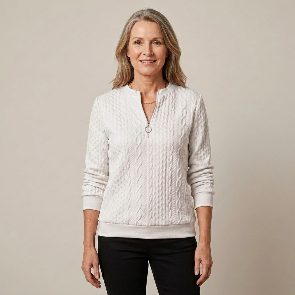 Women's Pink Quarter Zip Jumper — Cable Knit Stand Collar Long Sleeve Top