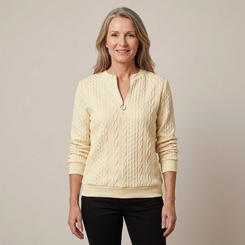 Women's Pink Quarter Zip Jumper — Cable Knit Stand Collar Long Sleeve Top
