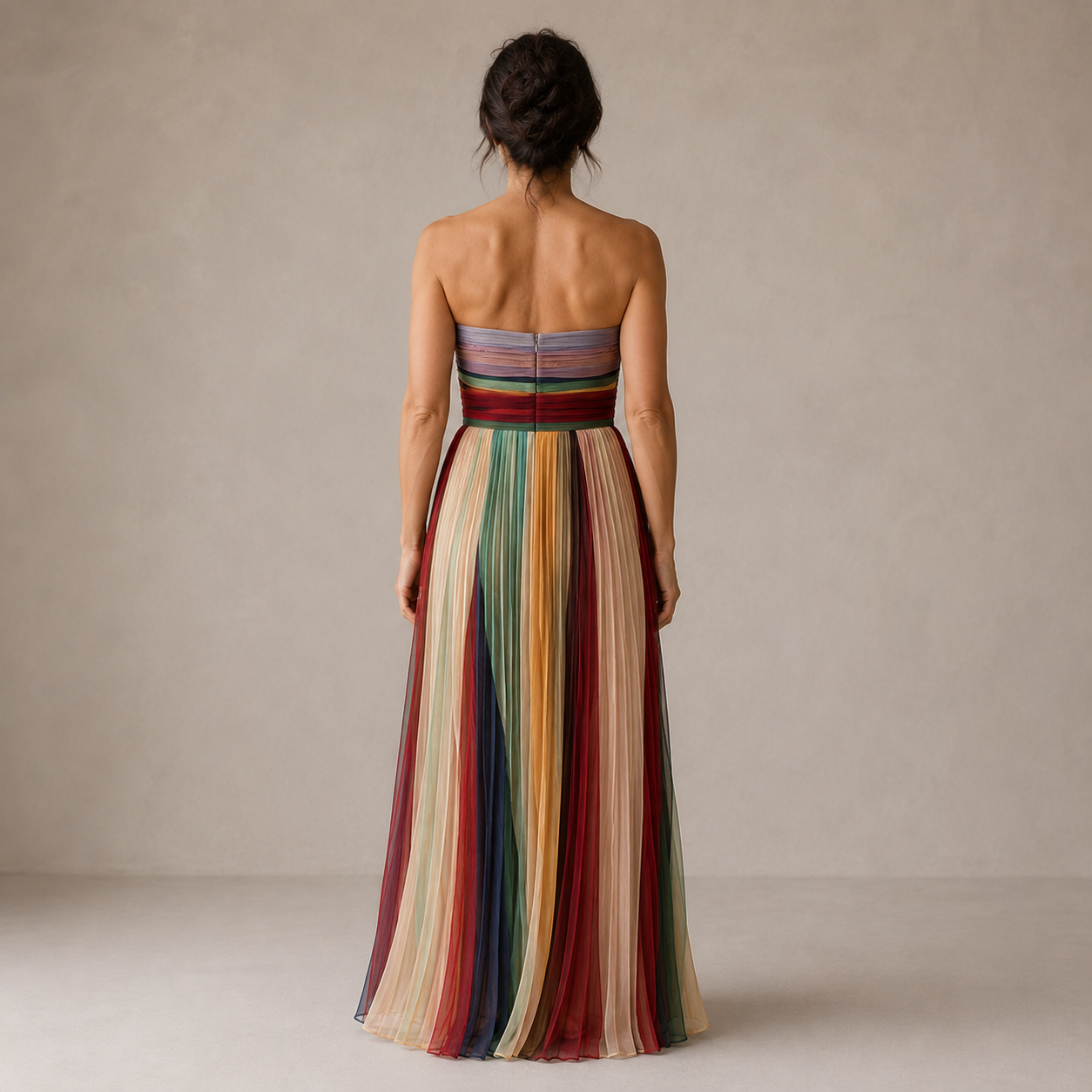 Clara Rainbow Pleated Maxi Dress — Women's Strapless Multicolour Stripe Maxi Dress