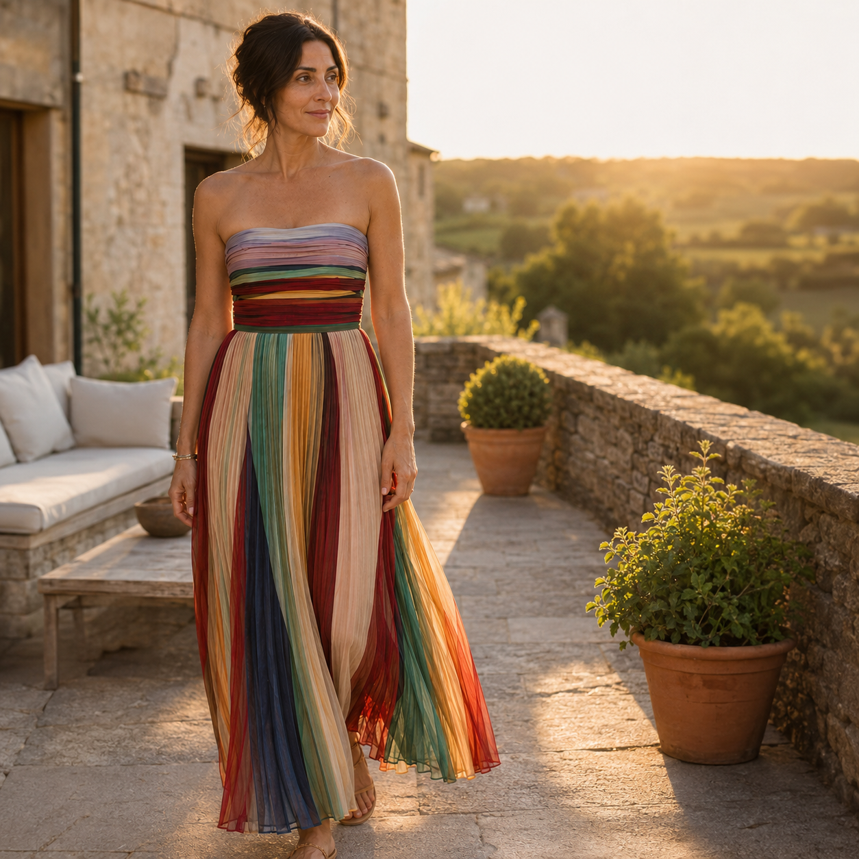 Clara Rainbow Pleated Maxi Dress — Women's Strapless Multicolour Stripe Maxi Dress