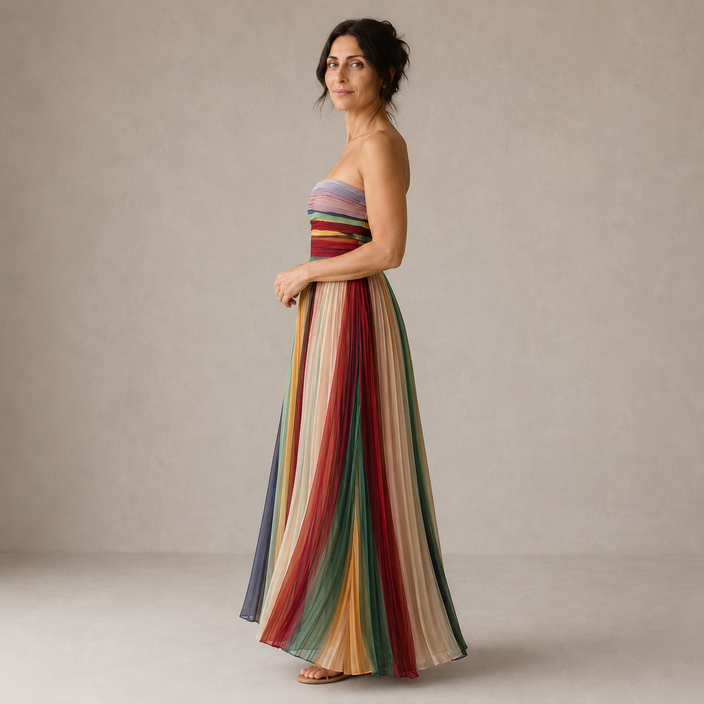 Clara Rainbow Pleated Maxi Dress — Women's Strapless Multicolour Stripe Maxi Dress