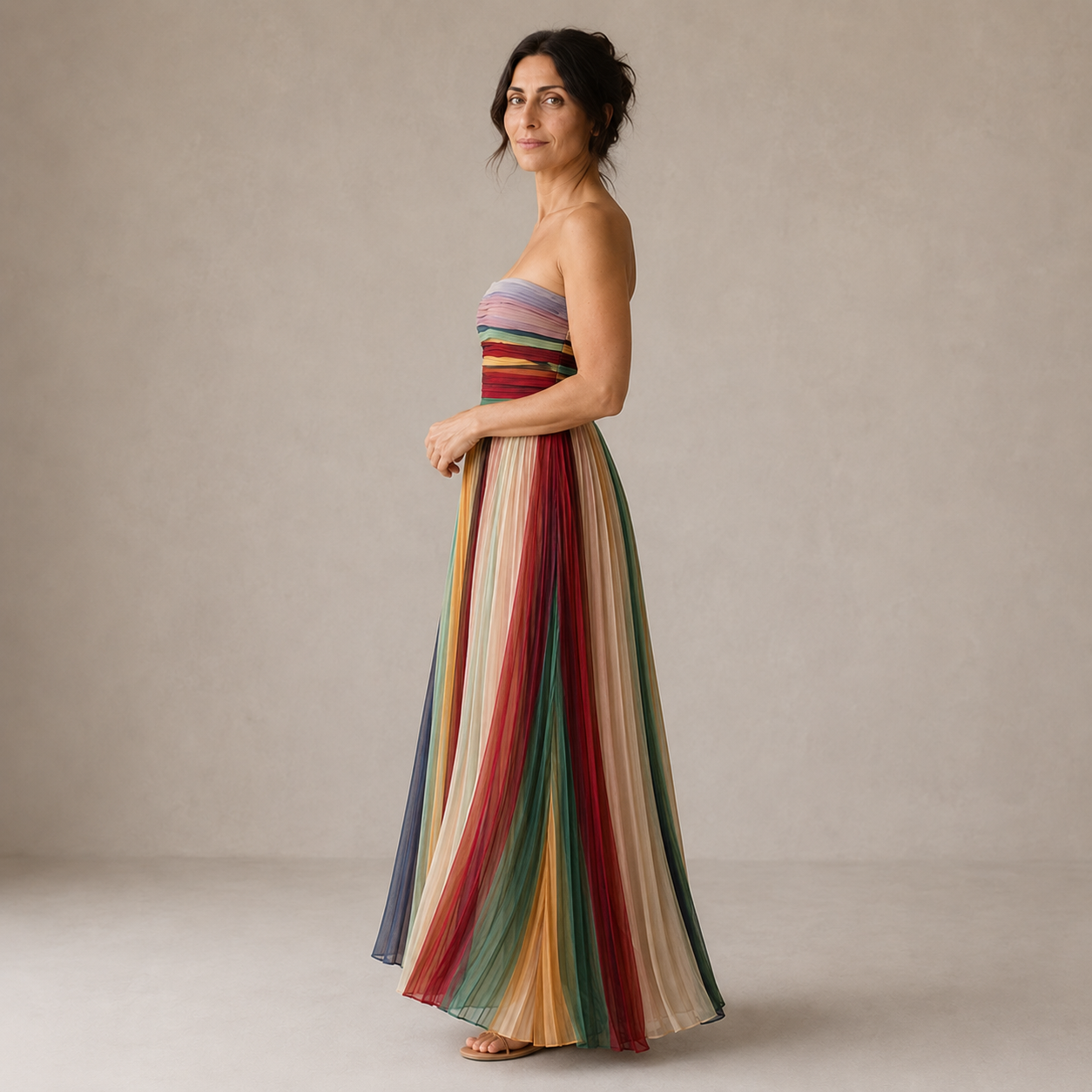 Clara Rainbow Pleated Maxi Dress — Women's Strapless Multicolour Stripe Maxi Dress