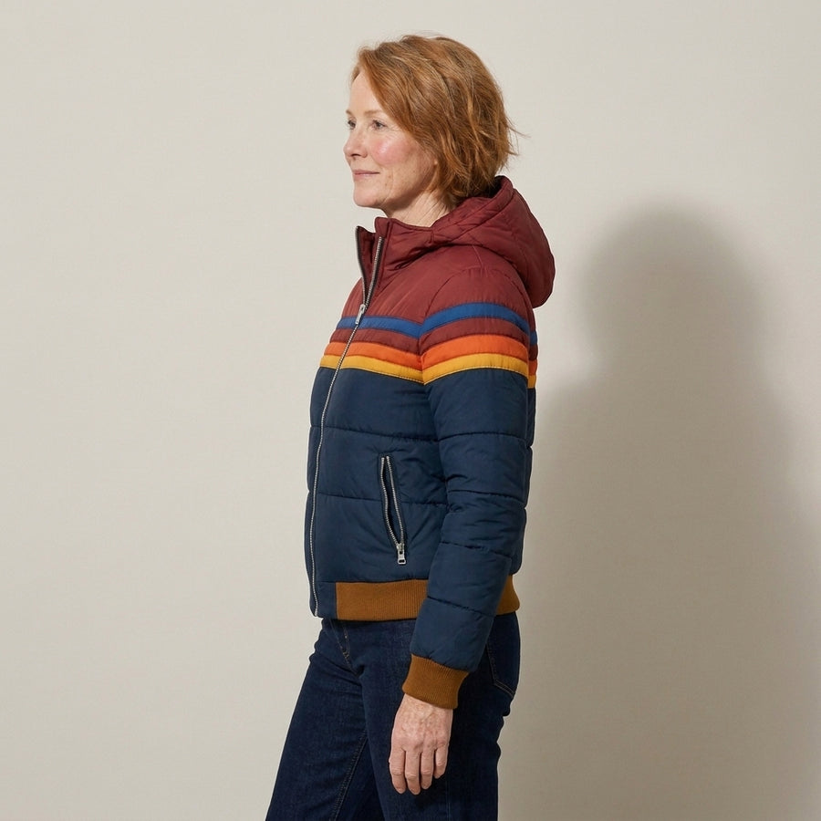 Ladies Retro Stripe Hooded Puffer Jacket – Navy & Burgundy, Zip Pockets, Ribbed Cuffs