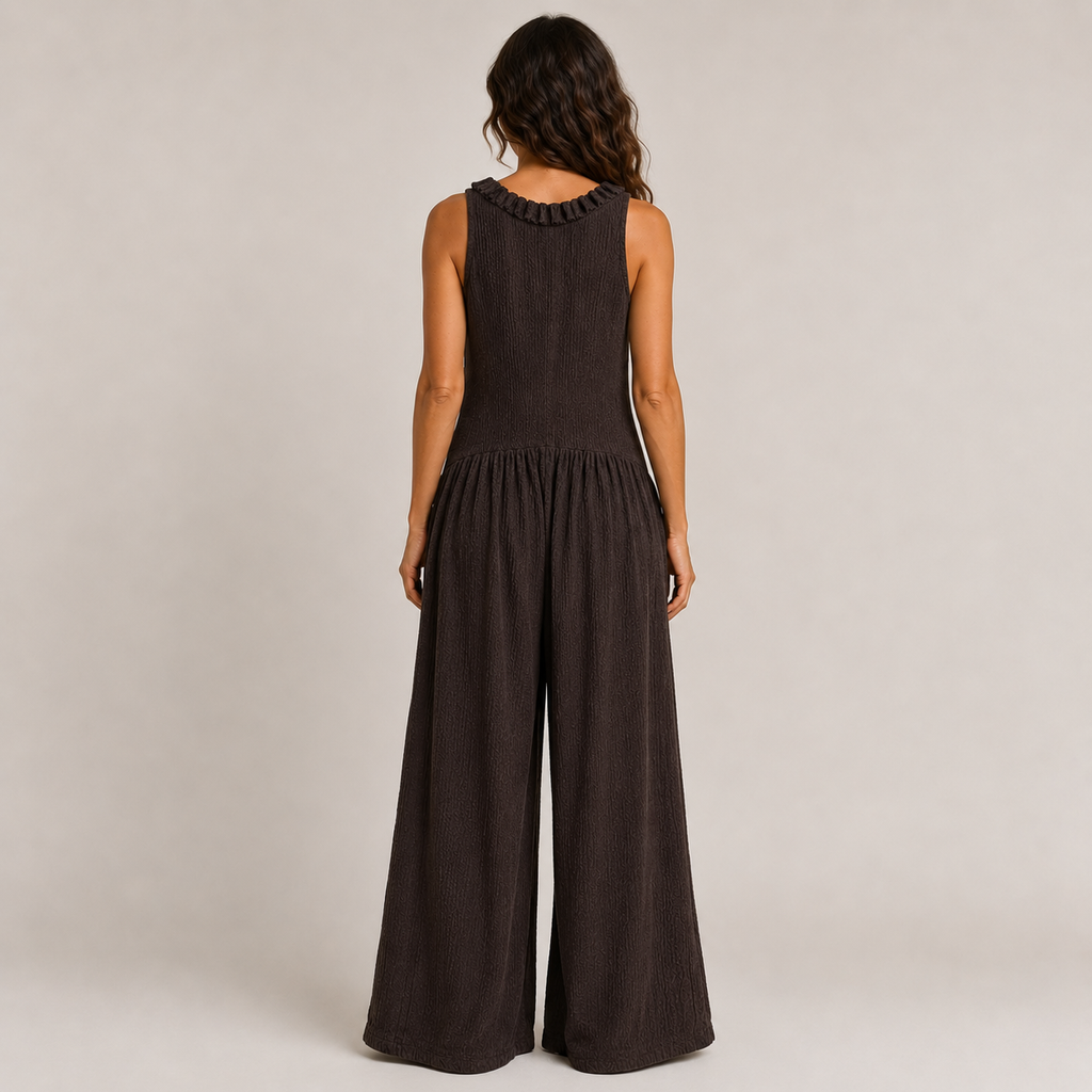 Clara Ruffle Neck Jumpsuit — Women's Sleeveless Wide Leg Textured Jumpsuit