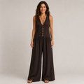 Clara Ruffle Neck Jumpsuit — Women's Sleeveless Wide Leg Textured Jumpsuit