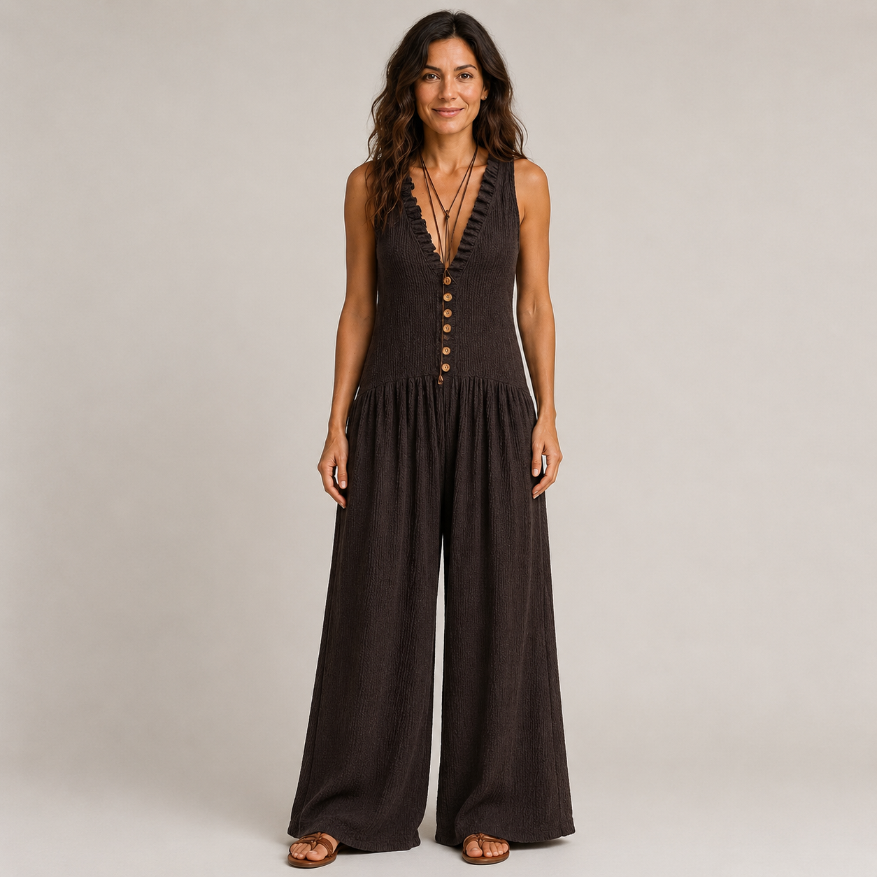 Clara Ruffle Neck Jumpsuit — Women's Sleeveless Wide Leg Textured Jumpsuit