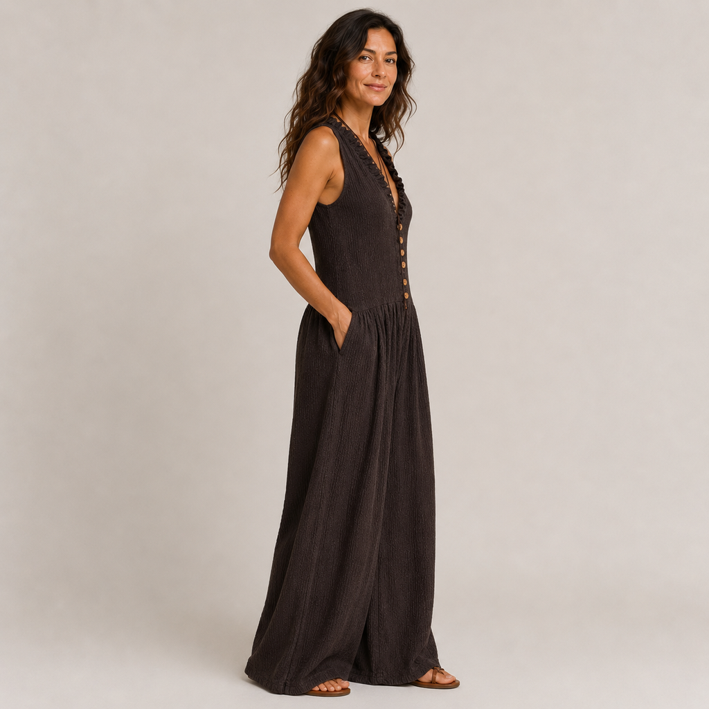Clara Ruffle Neck Jumpsuit — Women's Sleeveless Wide Leg Textured Jumpsuit