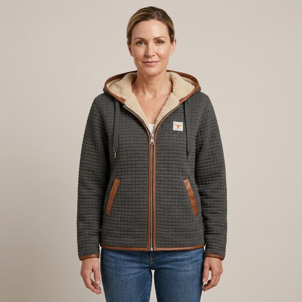 Women's Grey Sherpa Lined Hooded Jacket — Fully Lined Full Zip Qui