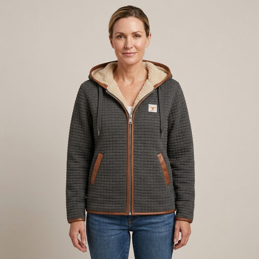 Women's Grey Sherpa Lined Hooded Jacket — Fully Lined Full Zip Qui