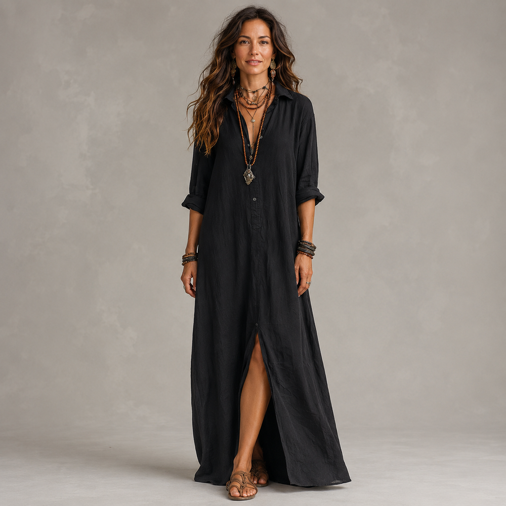 Clara Shirt Maxi Dress — Women's Long Sleeve Button-Down Maxi Dress