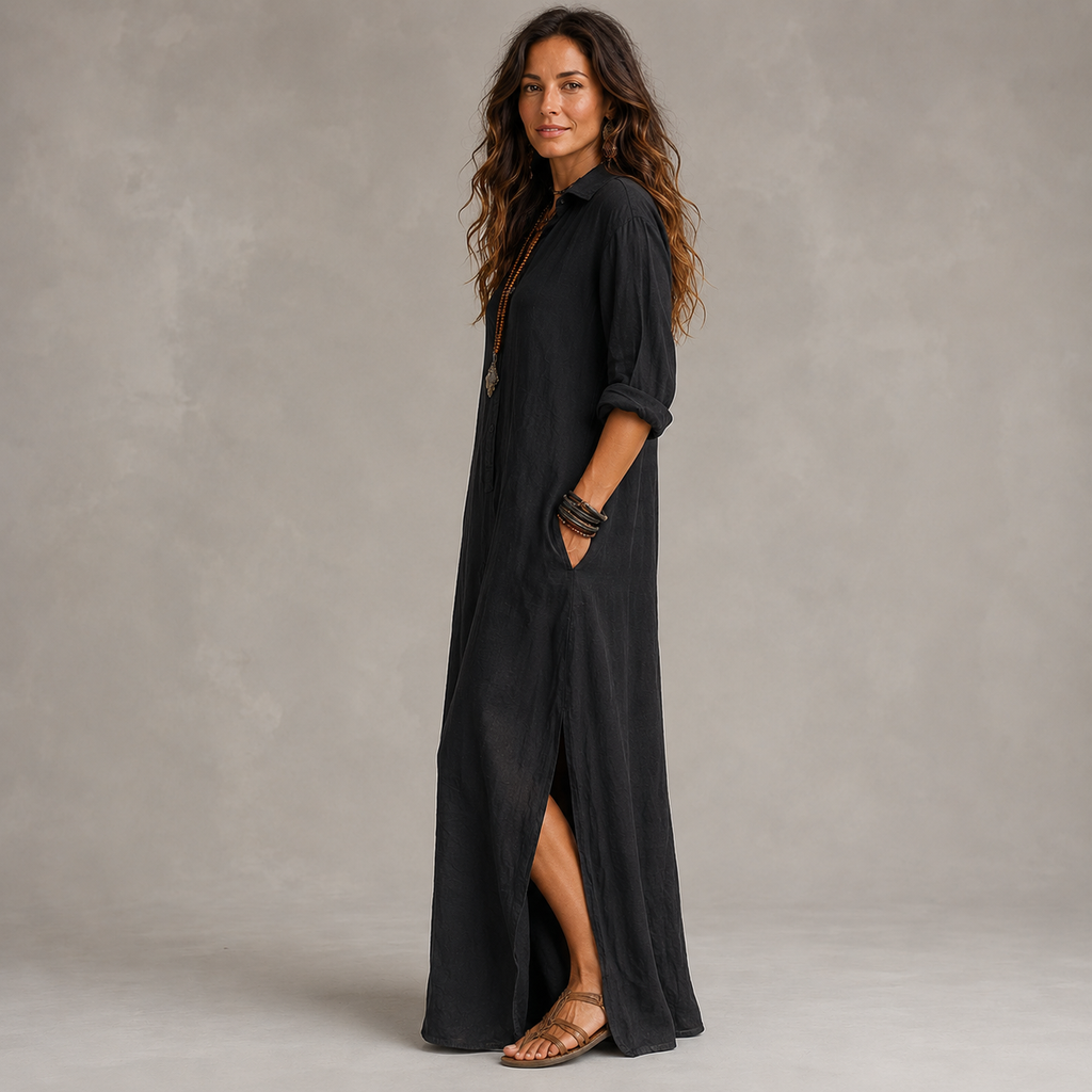 Clara Shirt Maxi Dress — Women's Long Sleeve Button-Down Maxi Dress