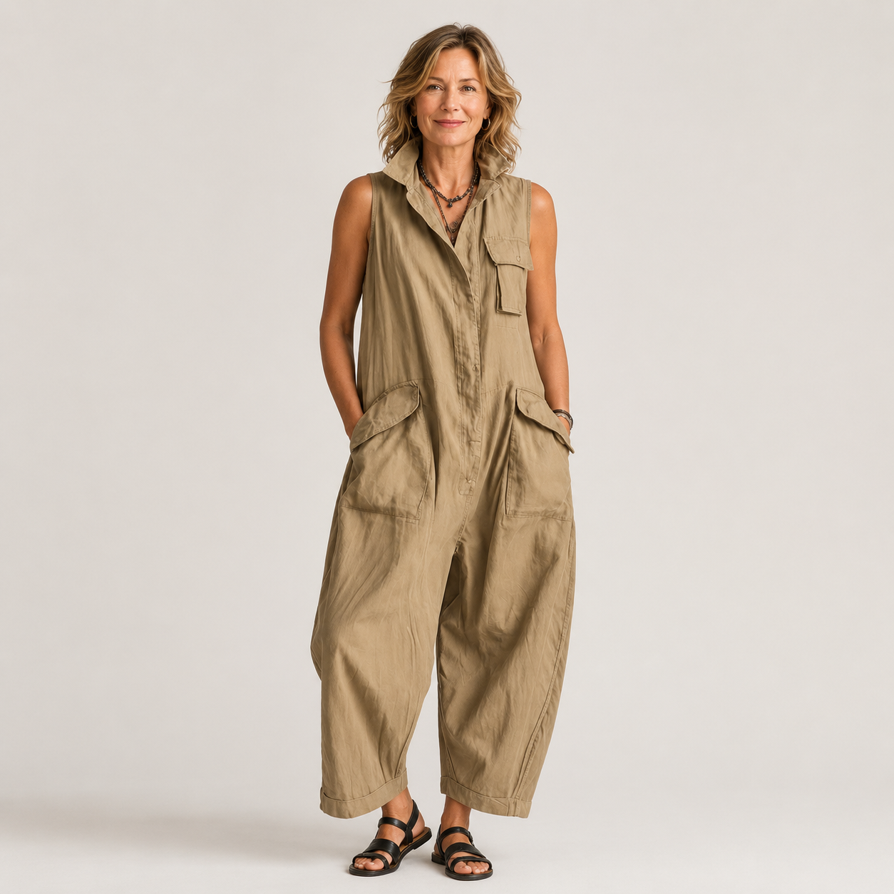 Women's Grey CargWomen's Grey Cargo Jumpsuit — Sleeveless Collared Button-Front Wide-Leg Utility Jumpsuito Jumpsuit — Sleeveless Collared Button-Front Wide-Leg Utility Jumpsuit