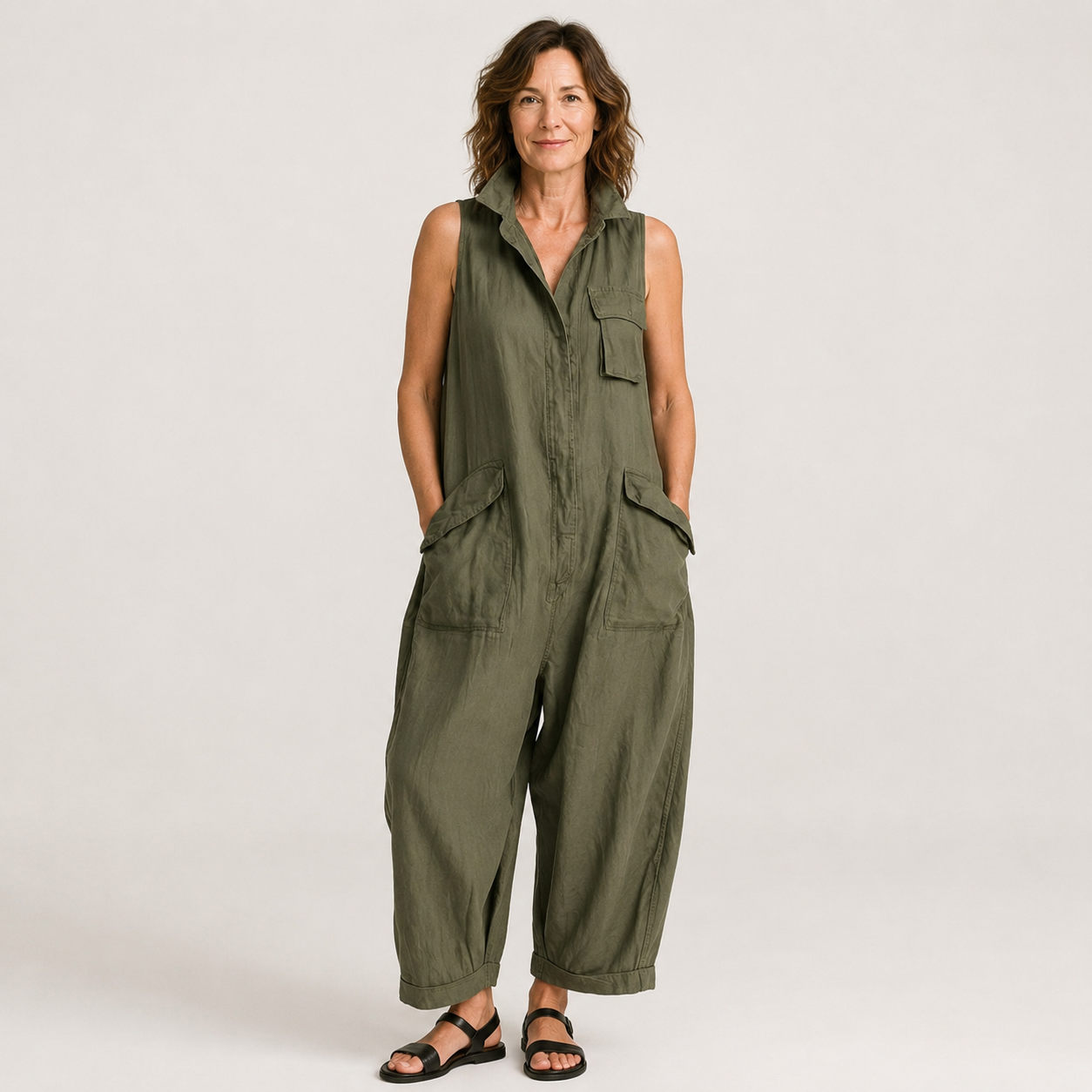 Women's Grey CargWomen's Grey Cargo Jumpsuit — Sleeveless Collared Button-Front Wide-Leg Utility Jumpsuito Jumpsuit — Sleeveless Collared Button-Front Wide-Leg Utility Jumpsuit