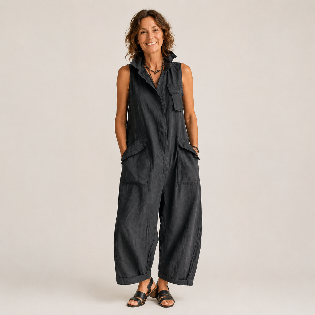 Women's Grey CargWomen's Grey Cargo Jumpsuit — Sleeveless Collared Button-Front Wide-Leg Utility Jumpsuito Jumpsuit — Sleeveless Collared Button-Front Wide-Leg Utility Jumpsuit