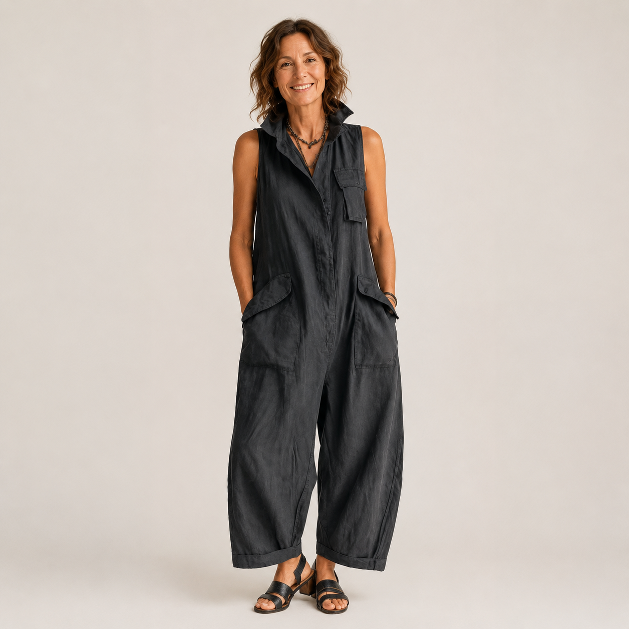 Women's Grey CargWomen's Grey Cargo Jumpsuit — Sleeveless Collared Button-Front Wide-Leg Utility Jumpsuito Jumpsuit — Sleeveless Collared Button-Front Wide-Leg Utility Jumpsuit