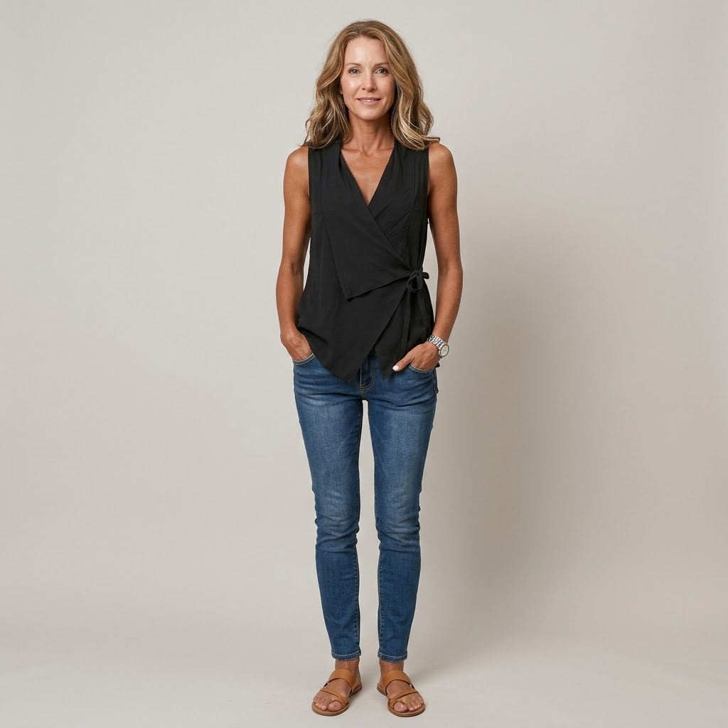 Women's Orange Sleeveless Wrap Top — V-Neck Tie-Side Summer Vest Blouse