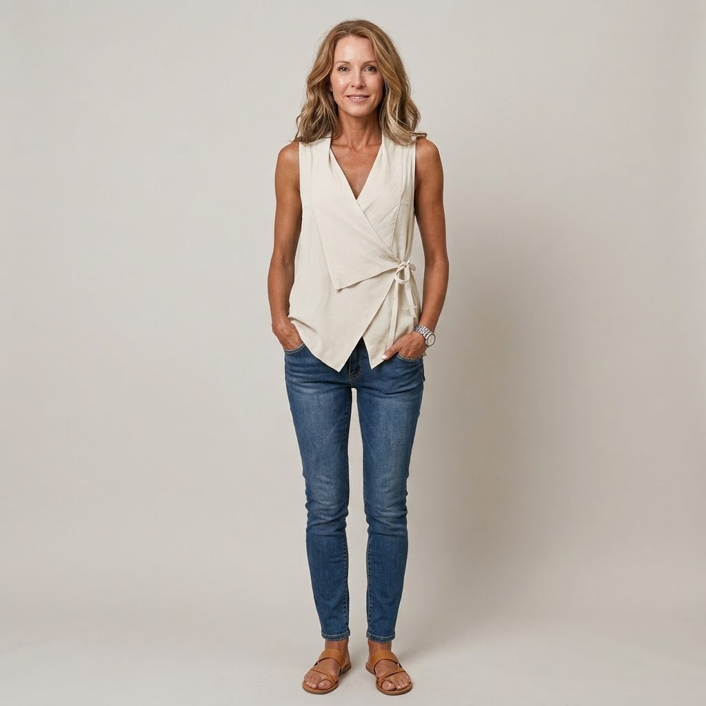 Women's Orange Sleeveless Wrap Top — V-Neck Tie-Side Summer Vest Blouse