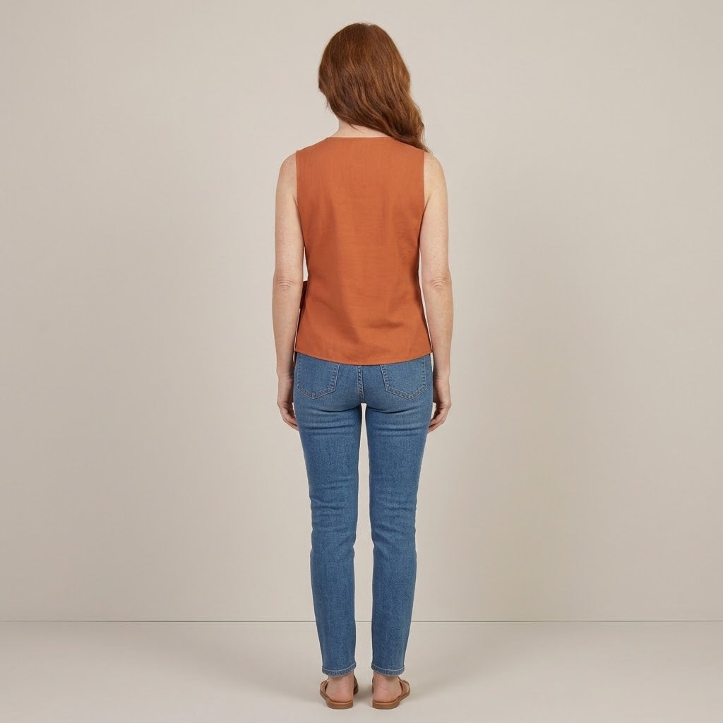 Women's Orange Sleeveless Wrap Top — V-Neck Tie-Side Summer Vest Blouse