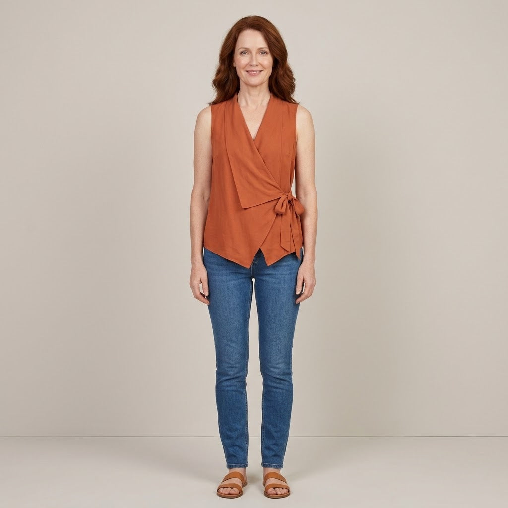 Women's Orange Sleeveless Wrap Top — V-Neck Tie-Side Summer Vest Blouse
