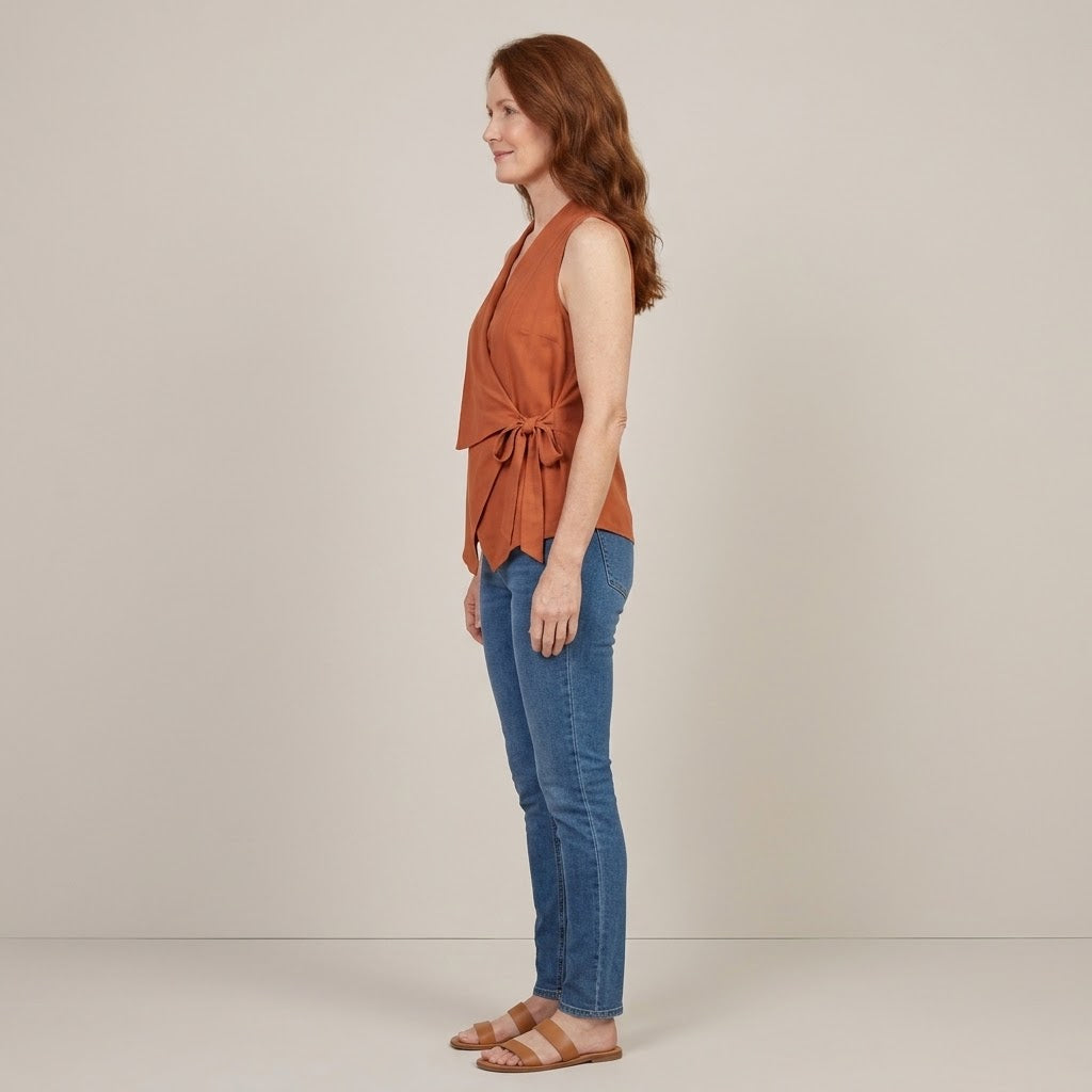 Women's Orange Sleeveless Wrap Top — V-Neck Tie-Side Summer Vest Blouse