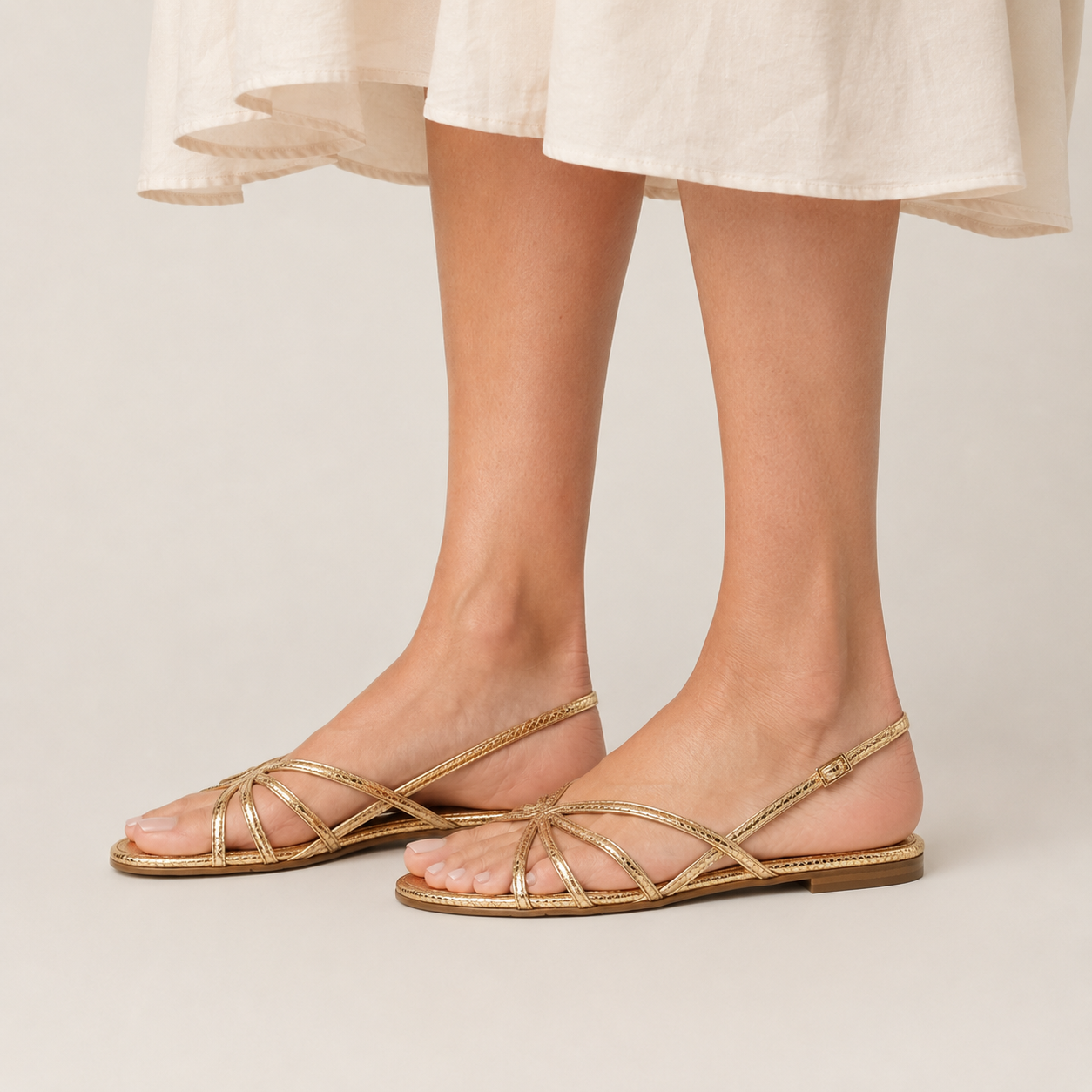 Clara Strappy Flat Sandal — Women's Metallic Slingback Summer Sandal