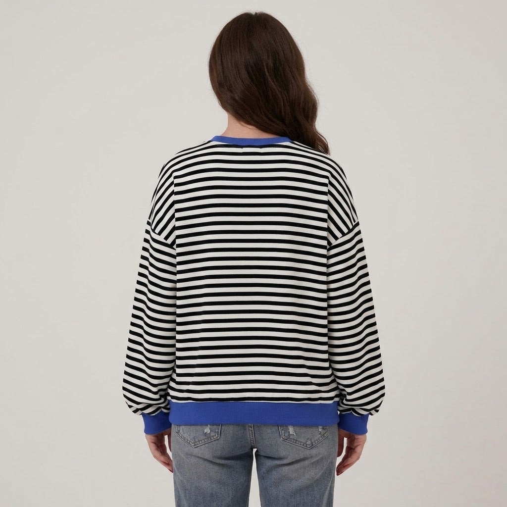 Women's Black Striped Oversized Sweatshirt — Contrast Trim Crew Neck Jumper