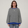 Women's Black Striped Oversized Sweatshirt — Contrast Trim Crew Neck Jumper