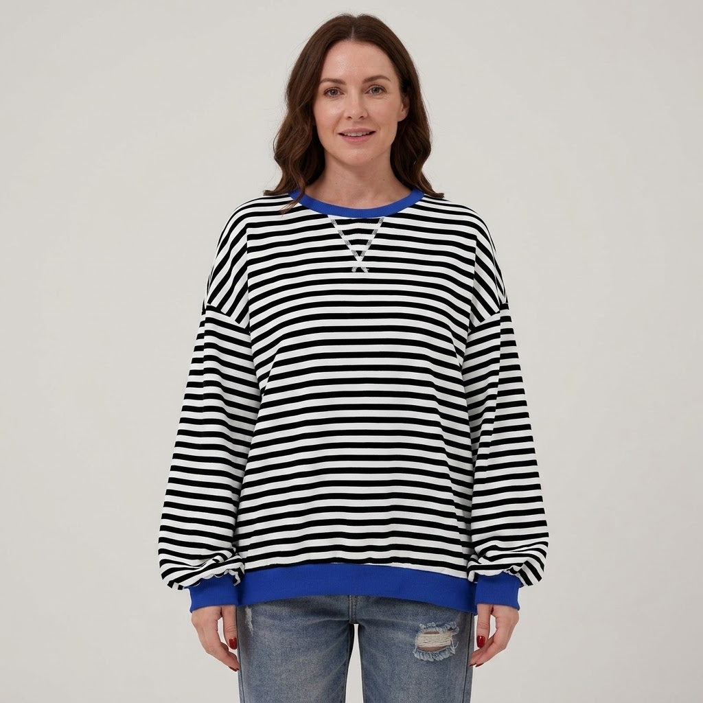 Women's Black Striped Oversized Sweatshirt — Contrast Trim Crew Neck Jumper