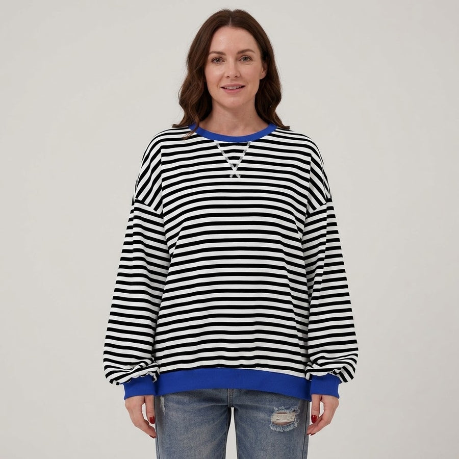 Women's Black Striped Oversized Sweatshirt — Contrast Trim Crew Neck Jumper