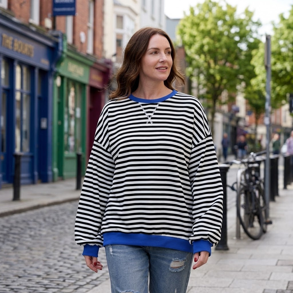 Women's Black Striped Oversized Sweatshirt — Contrast Trim Crew Neck Jumper