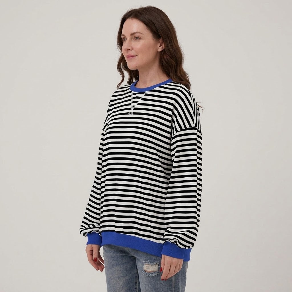 Women's Black Striped Oversized Sweatshirt — Contrast Trim Crew Neck Jumper