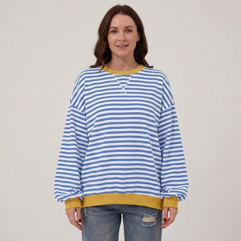 Women's Black Striped Oversized Sweatshirt — Contrast Trim Crew Neck Jumper