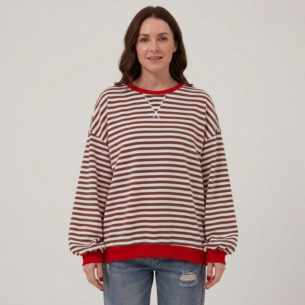 Women's Black Striped Oversized Sweatshirt — Contrast Trim Crew Neck Jumper