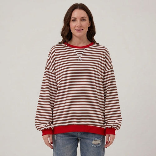 Women's Black Striped Oversized Sweatshirt — Contrast Trim Crew Neck Jumper