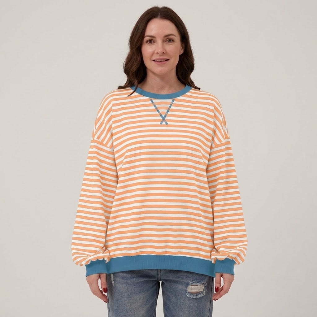 Women's Black Striped Oversized Sweatshirt — Contrast Trim Crew Neck Jumper