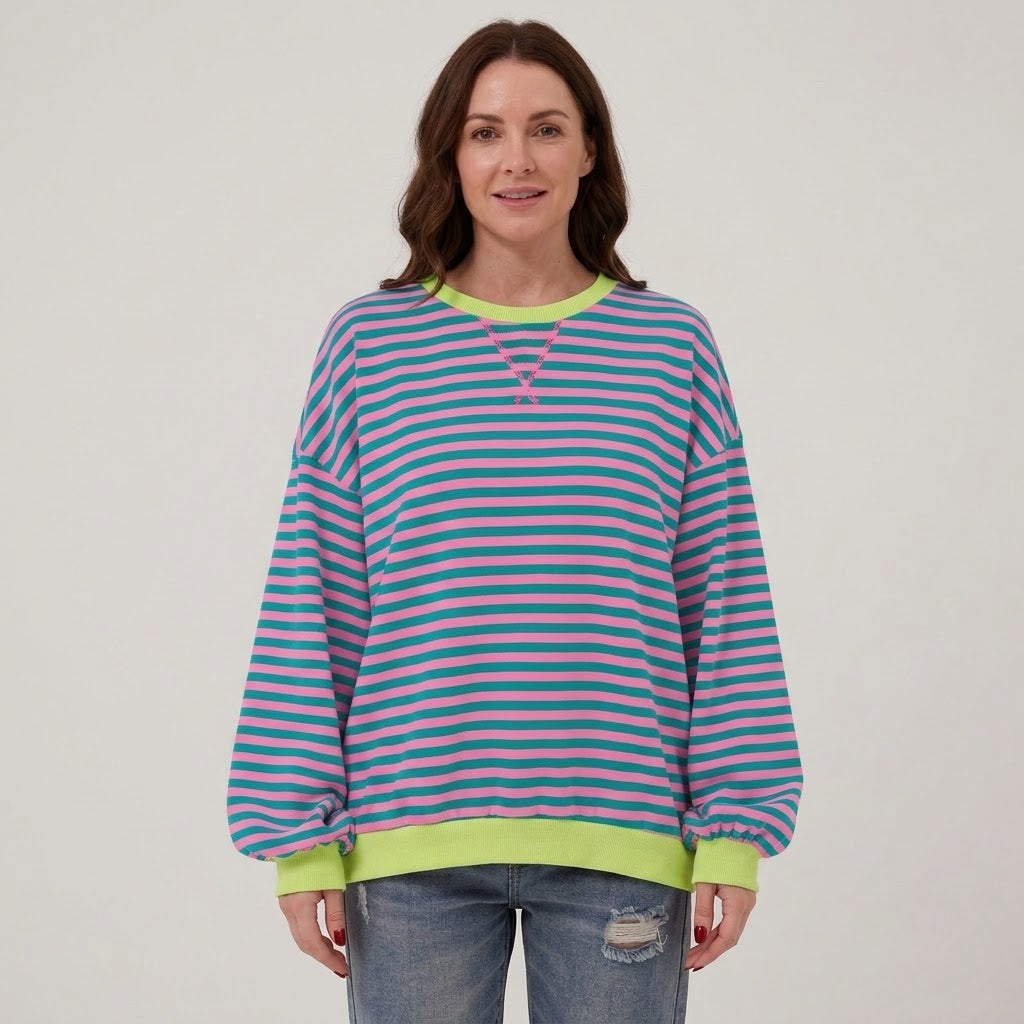 Women's Black Striped Oversized Sweatshirt — Contrast Trim Crew Neck Jumper