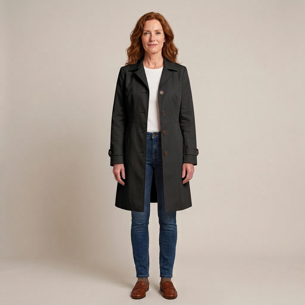 Women's Black Trench Coat — Tailored Mid-Length Single-Breasted Belted Coat