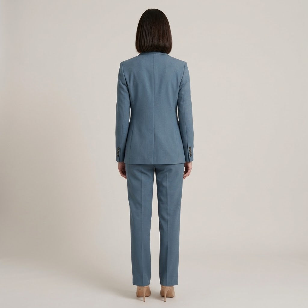 Women's Blue Suit — Single Breasted Blazer & Straight Leg Trousers Two Piece Set