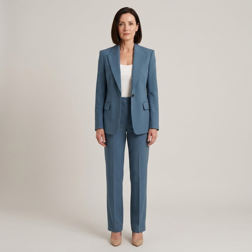 Women's Blue Suit — Single Breasted Blazer & Straight Leg Trousers Two Piece Set